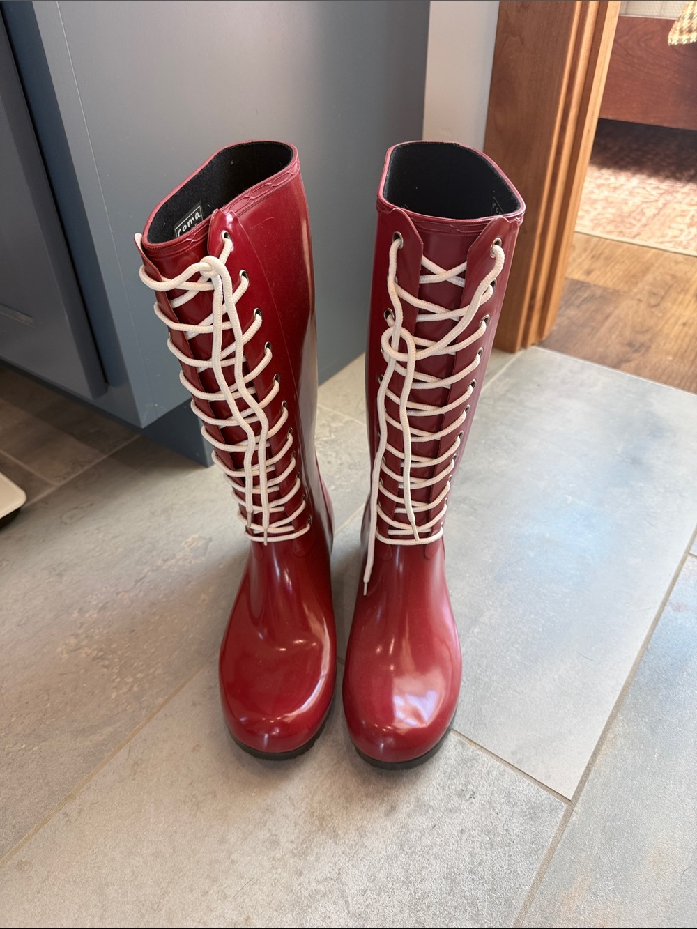 Red Lace-Up Knee-High Rain Boots - Roma